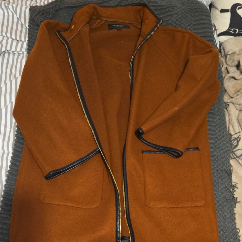 Andrew Marc New York Brown Open Front Coat with Black Trim Size Large - XL